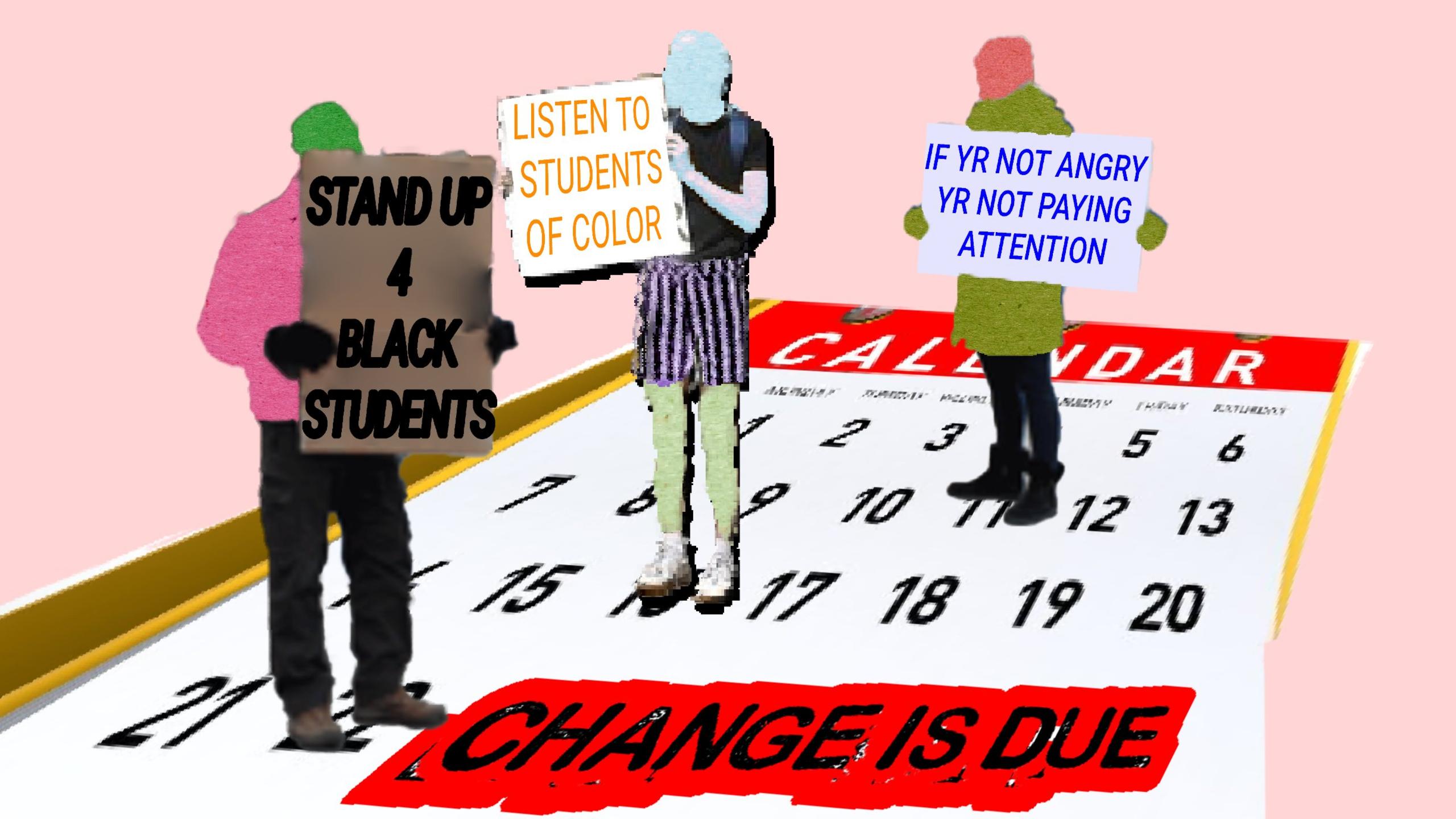 Protestors marching down a calendar, the bottom of the calendar has a stamp on it that reads "CHANGE IS DUE"