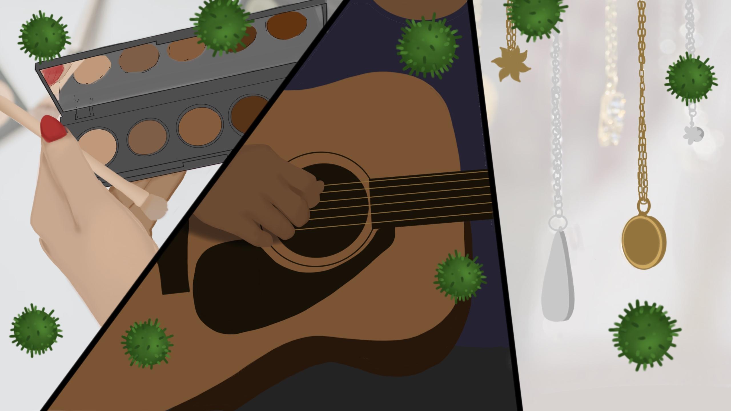 Photo split into three sections. First section is hand holding makeup palette, second panel is hands playing guitar, last panel are necklaces on display. COVID-19 particles float around the whole photo.