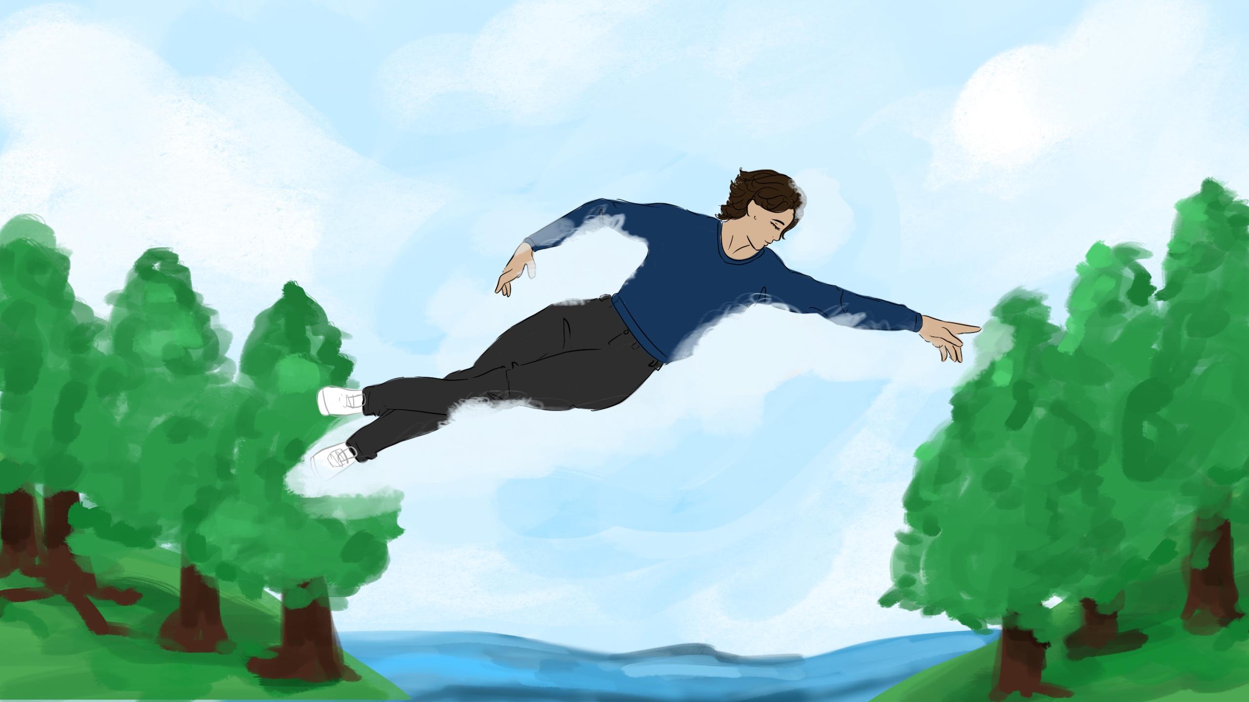 A man is floating in the sky, his hands reaching out to one side of land.