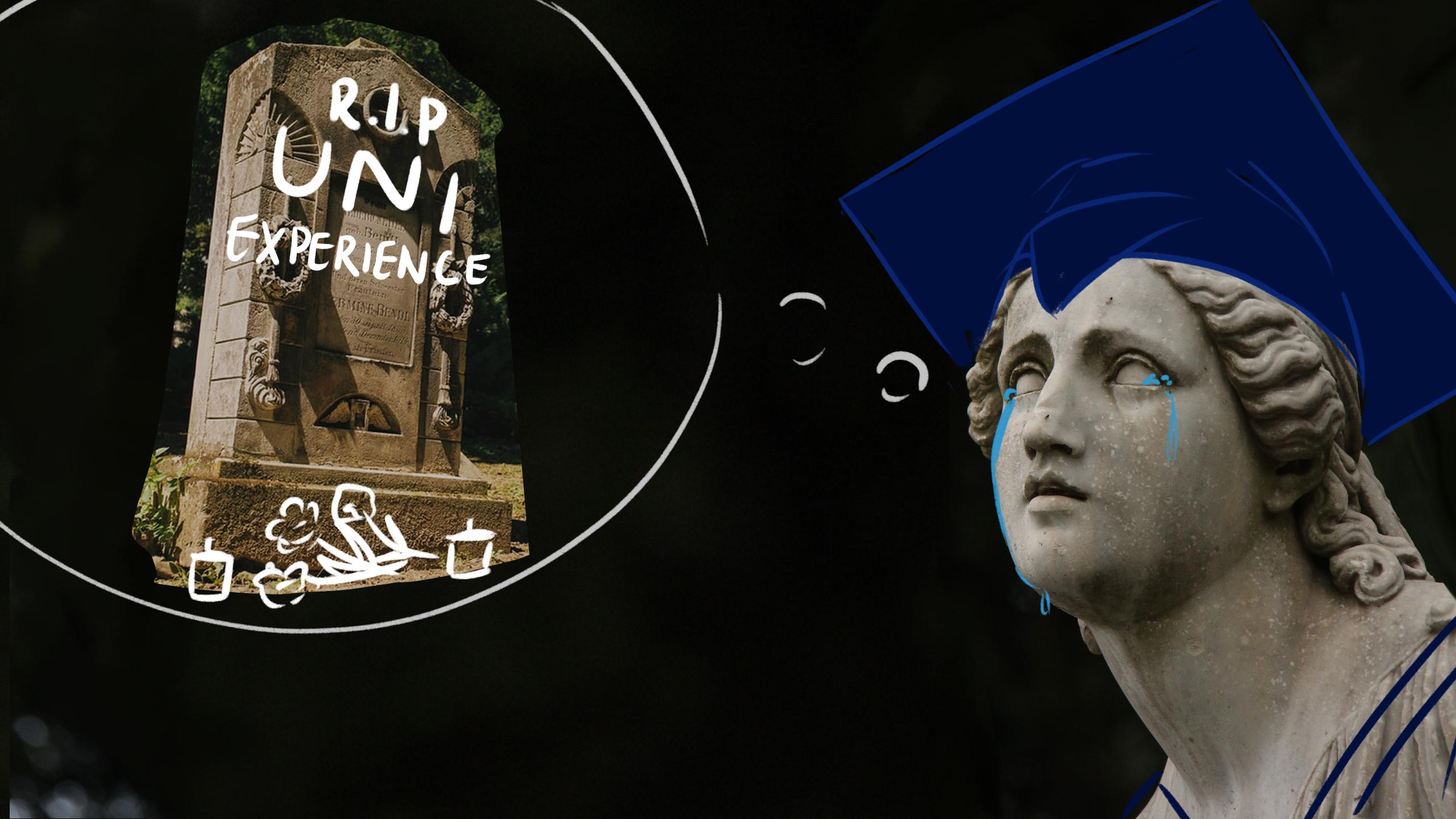 Picture of a statue crying thinking about a dead statue saying RIP university