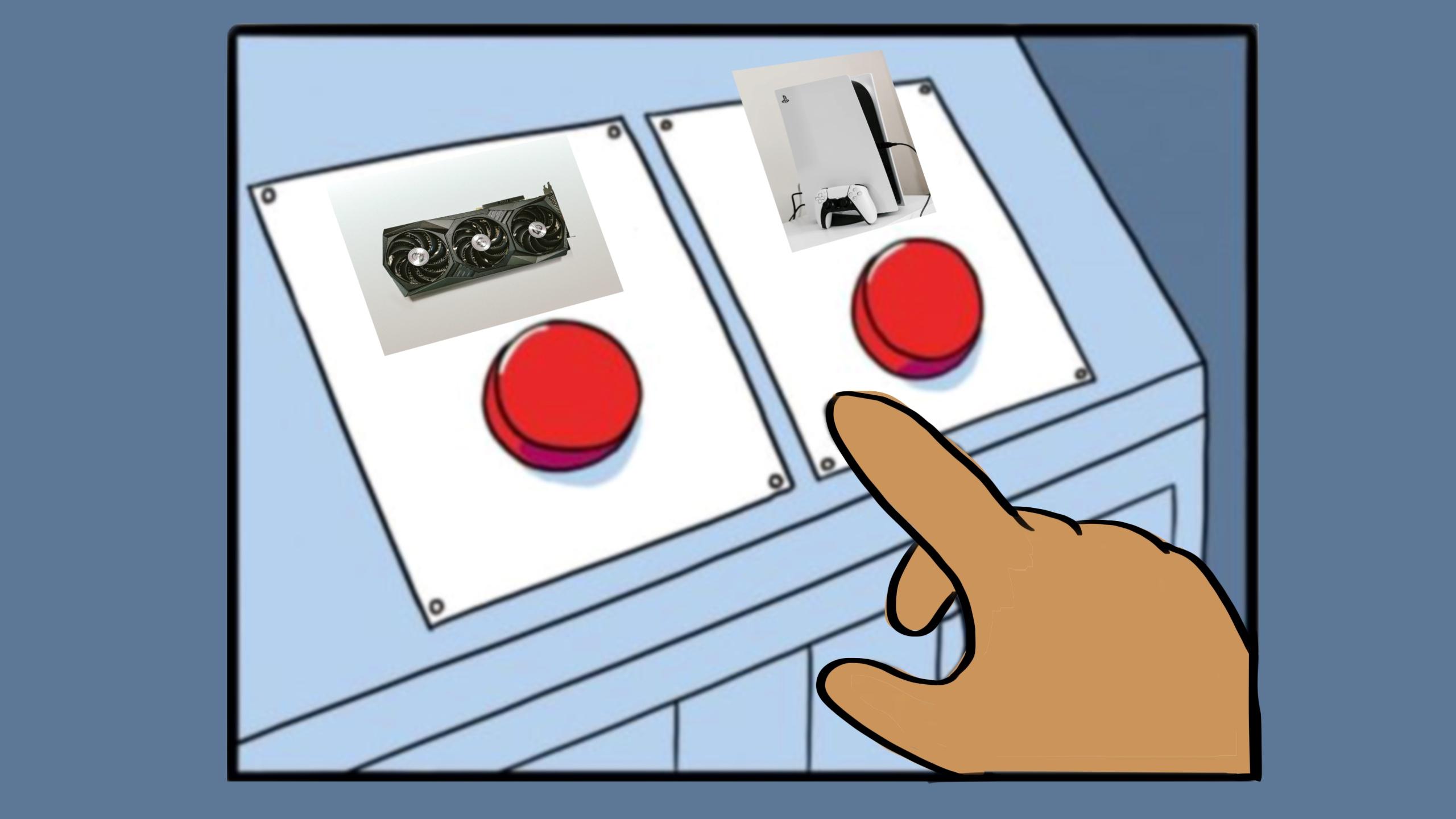 A hand deciding between pushing two red buttons, one with a graphics card on it and the other with a gaming console.