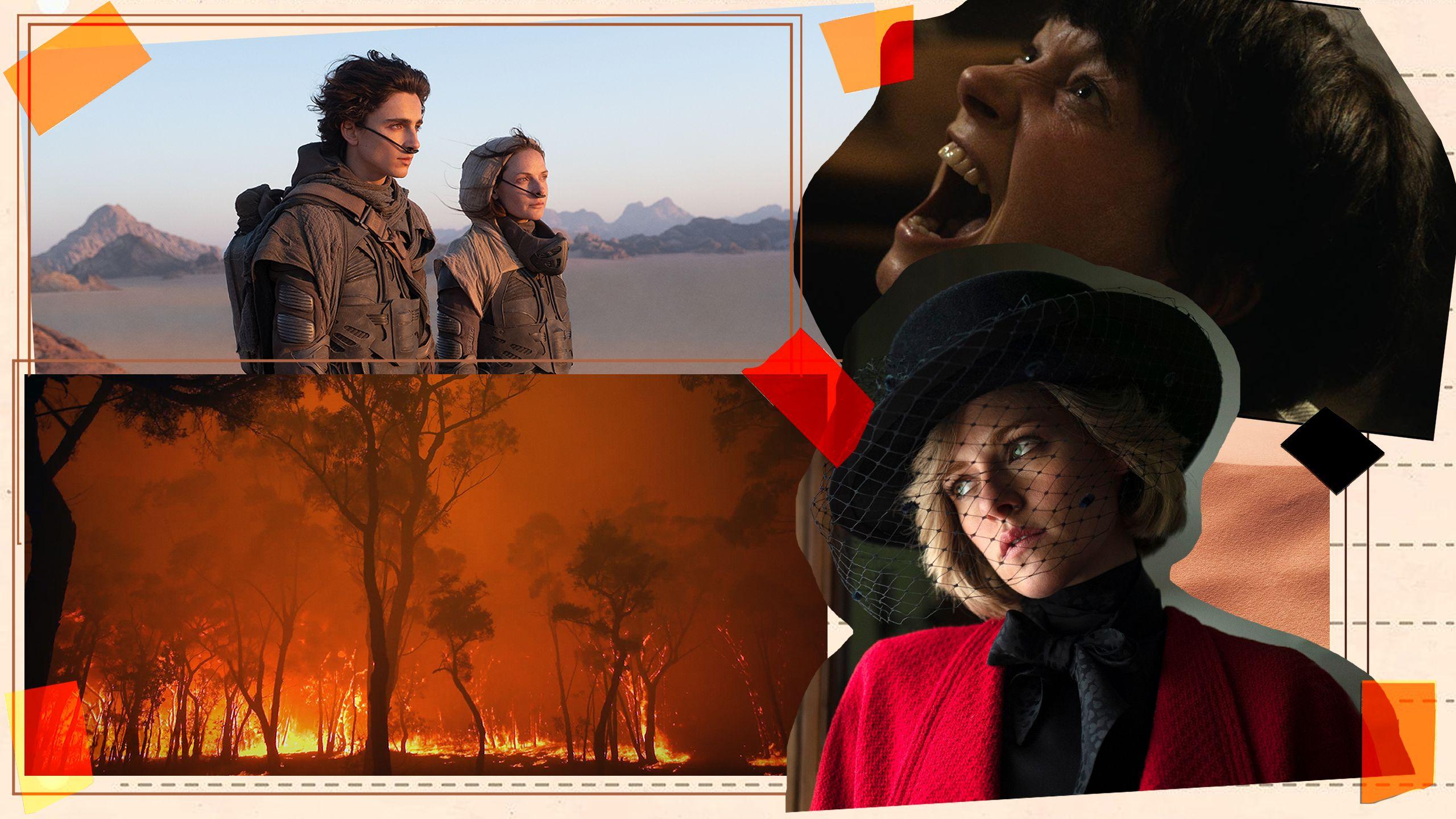 Collage of movie posters for Dune, Burning, I Am Not Your Mother and Spencer with orange tape