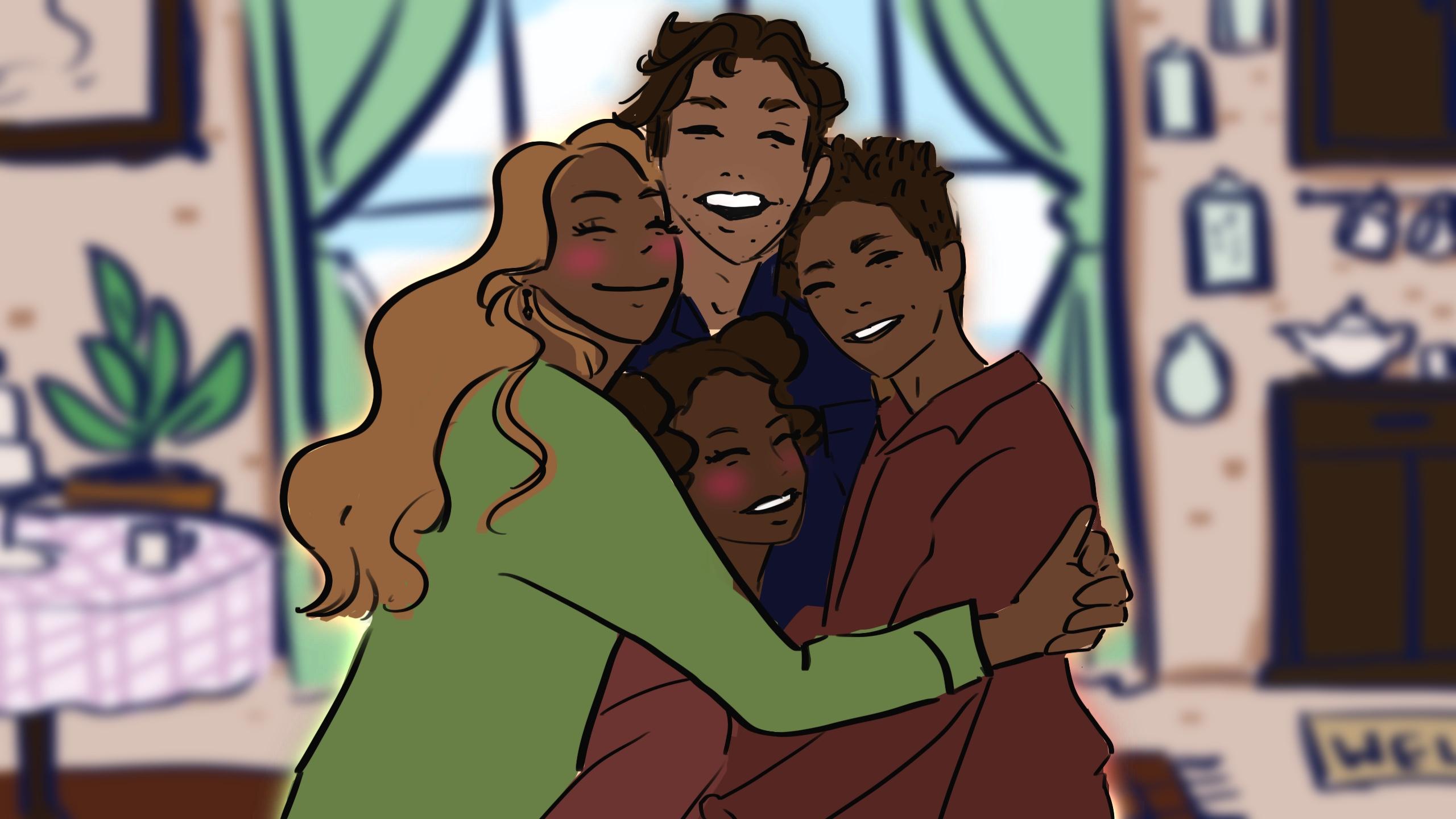 A family hugging each other in the middle of their living room.