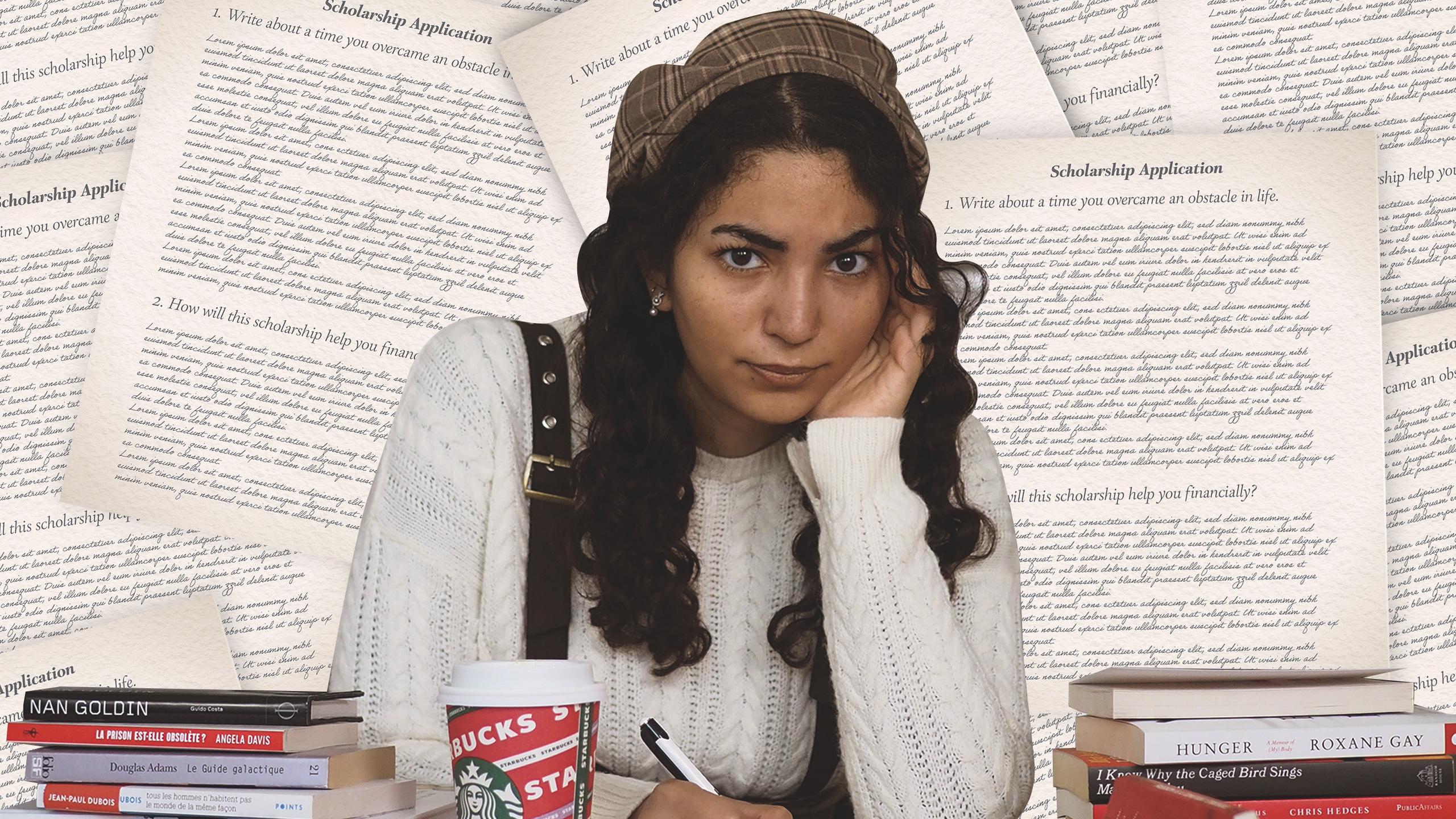 A woman writing in her notebook looking stressed with books and papers scattered around her