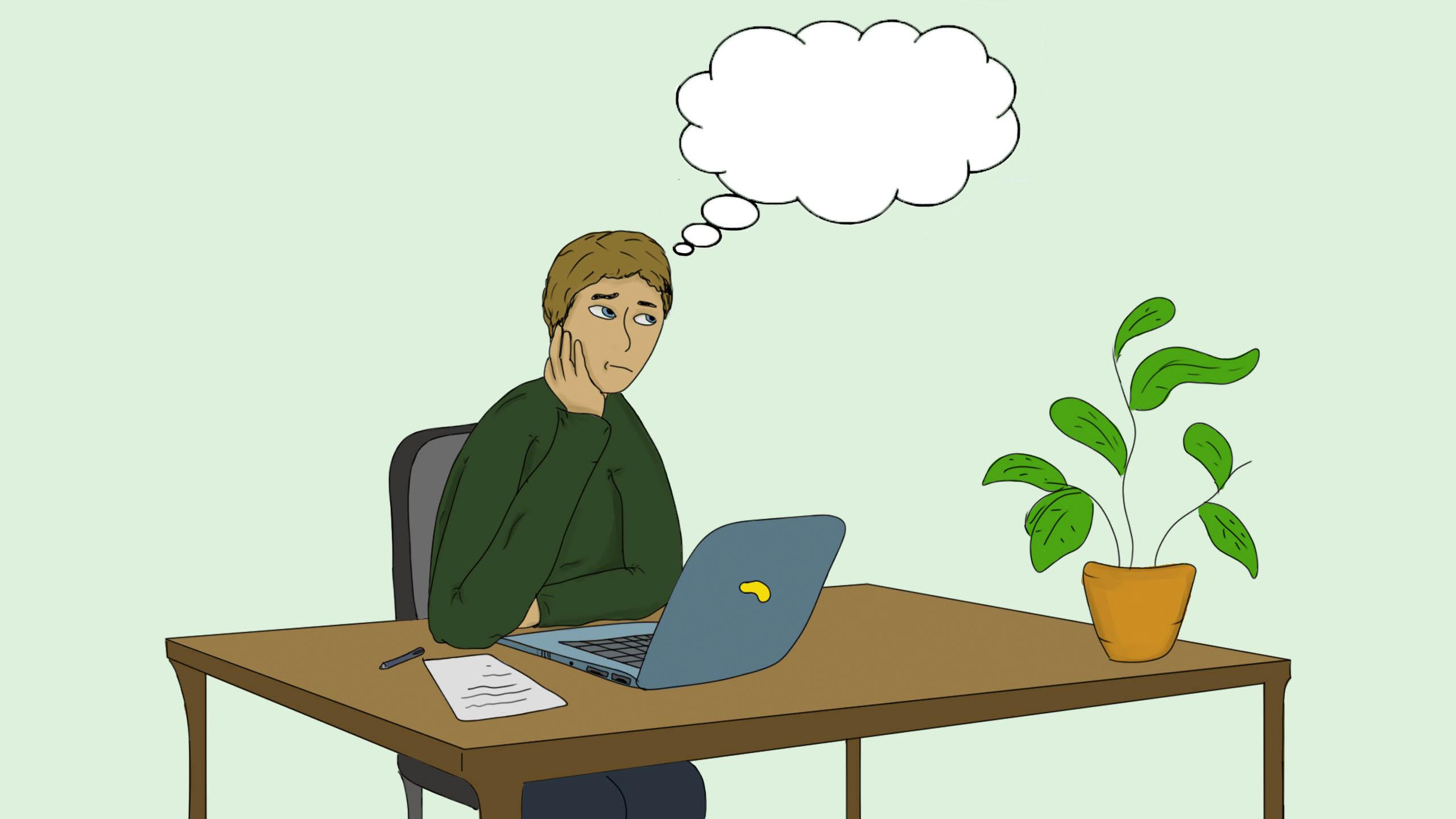 A student sitting a desk with a thought bubble