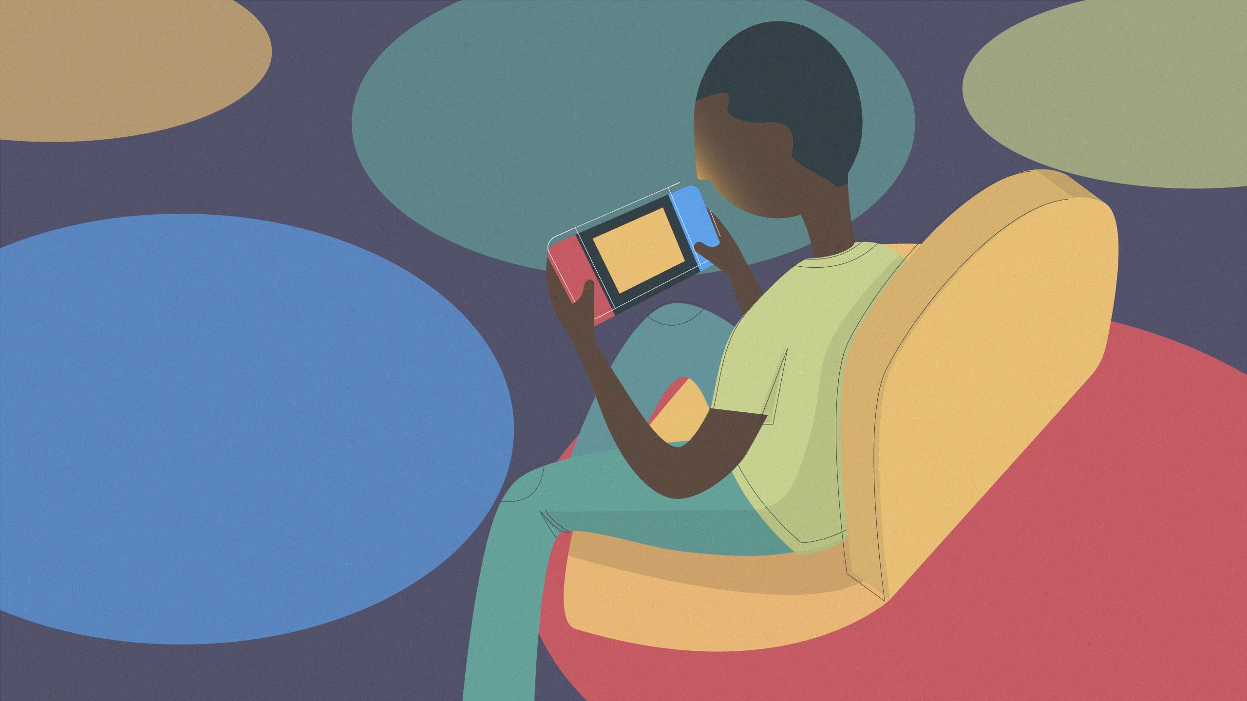 A person of colour playing Nintendo Switch