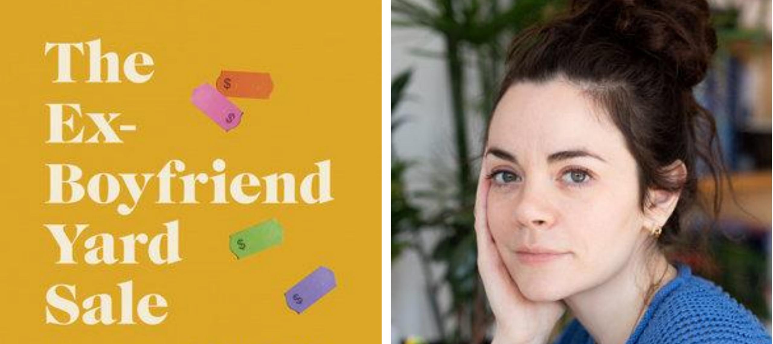 Book cover illustrated with sales tags and a title that reads "The Ex-Boyfriend Yard Sale." On the right side, the author poses with her hand on her cheek, looking at the camera.