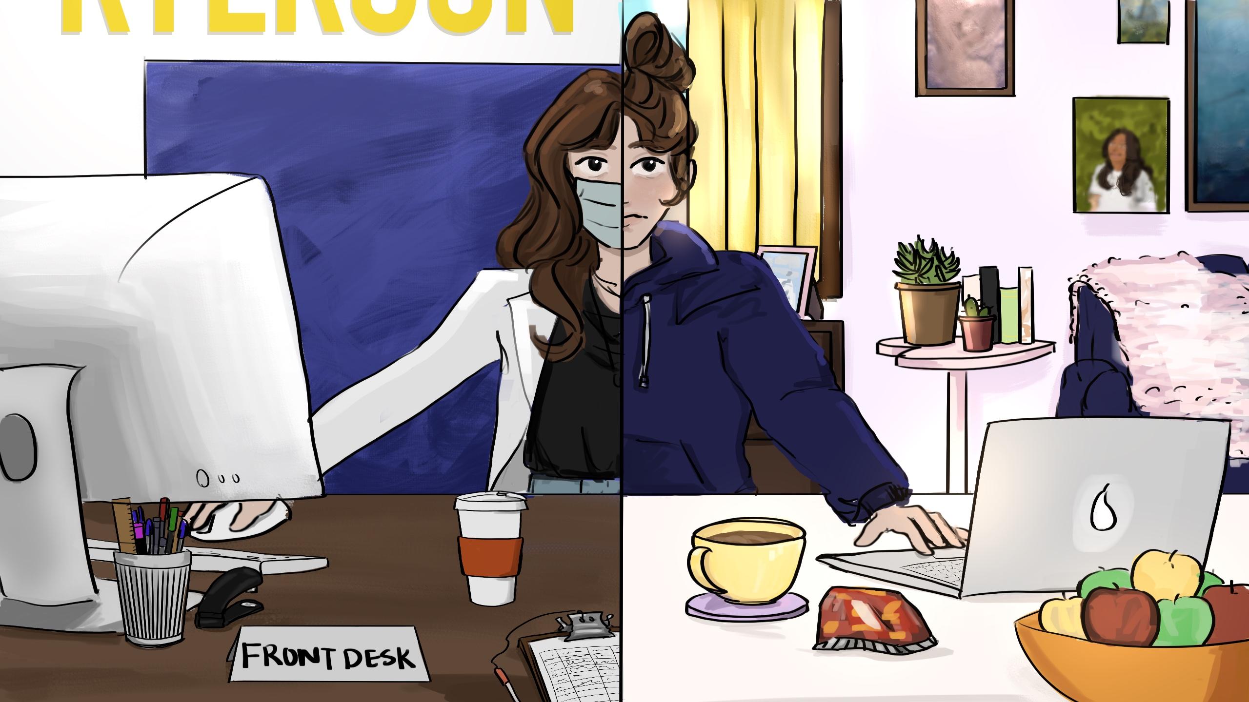 On the left, is a white back ground with blue square in front a woman wearing a mask is sitting at a desk in an office. On the right, is a pink background with different picture frames next to a yellow curtain. In front of pink background, a woman is sitting at a desk with a laptop.