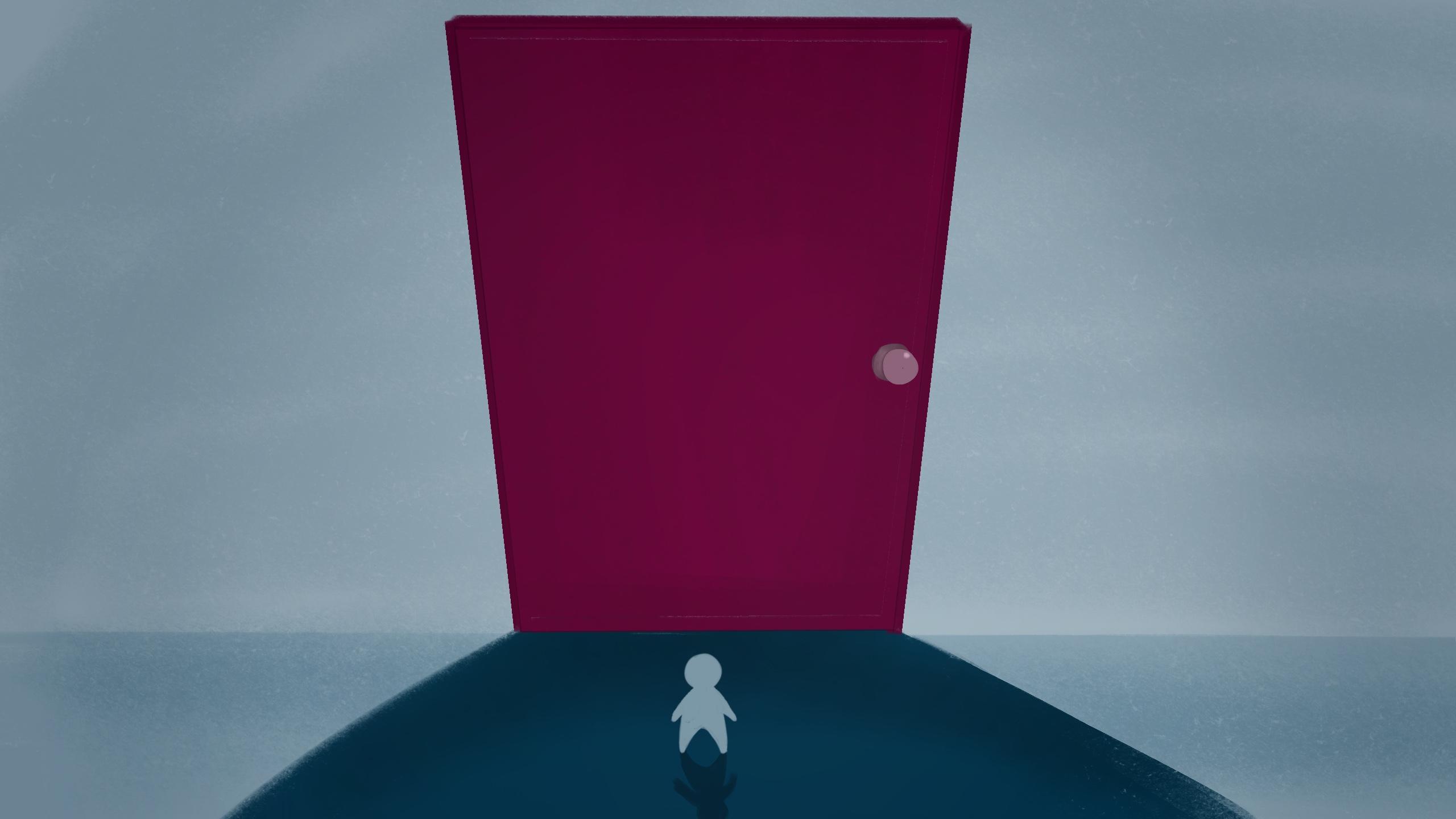 Small human facing large, looming door.