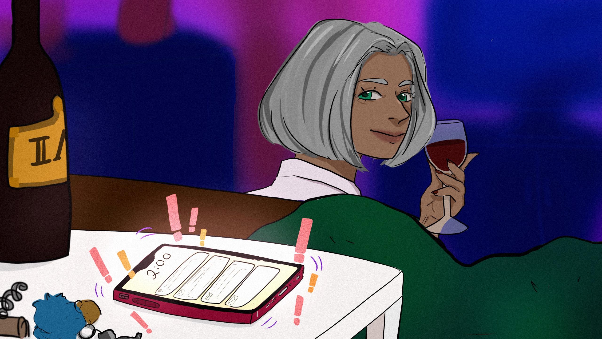 Professor looking back at phone buzzing with notifications.