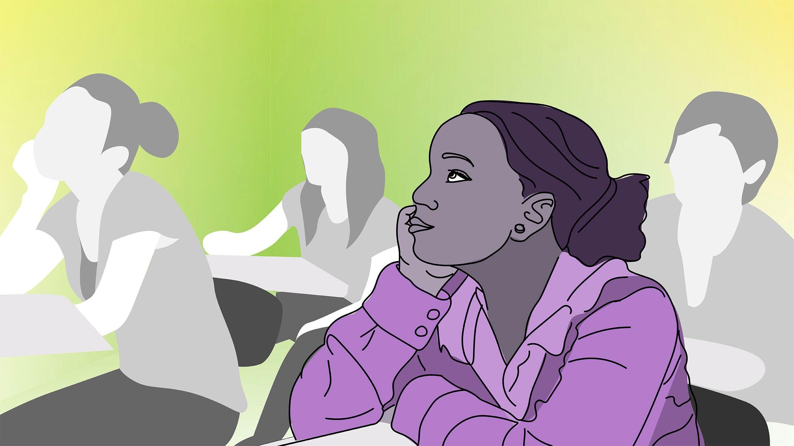 an illustration of students at a desks with only one in colour, others are grey