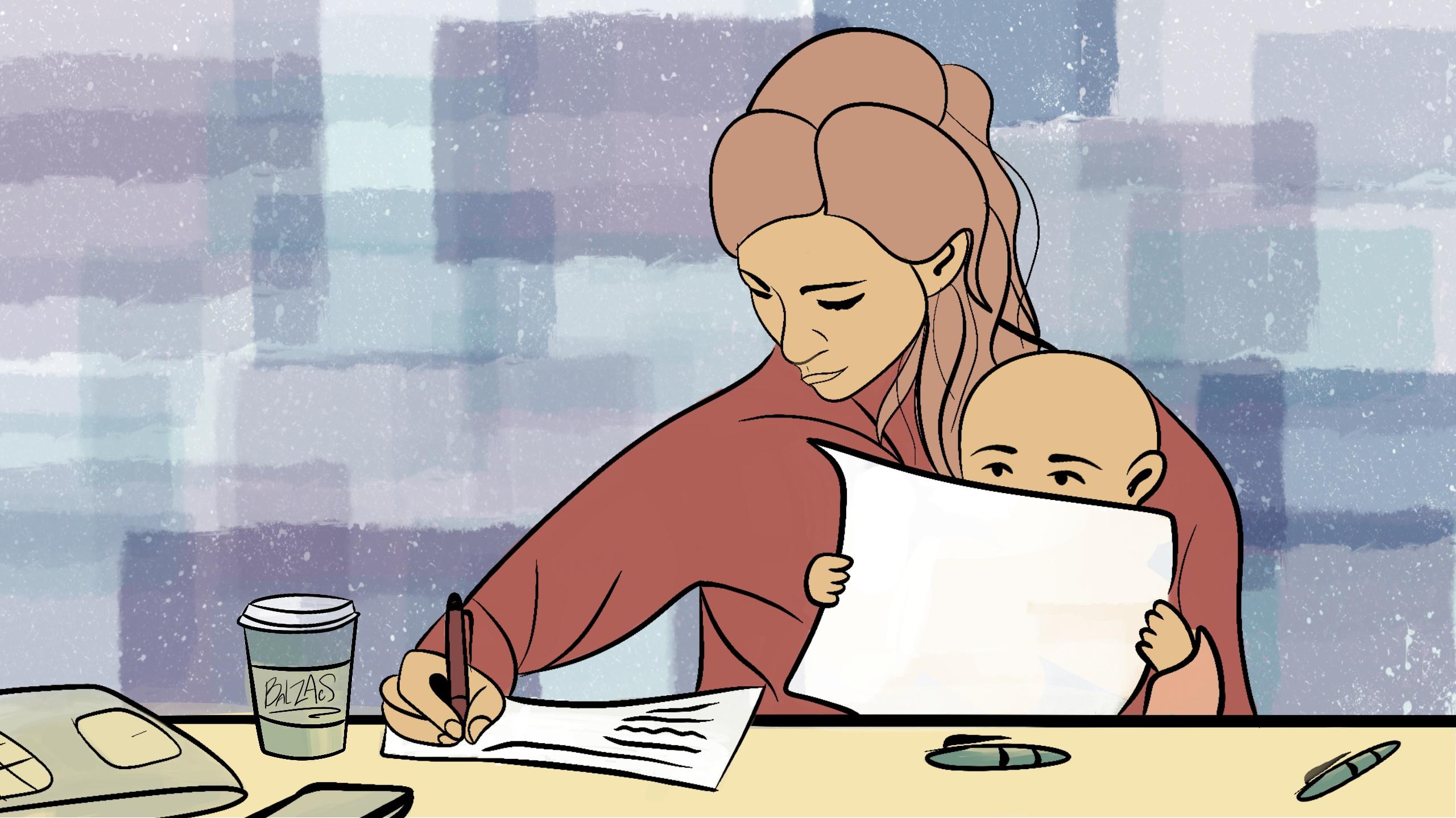 women in red shirt holding a infant child at a desk with a cup of coffee and papers in the front