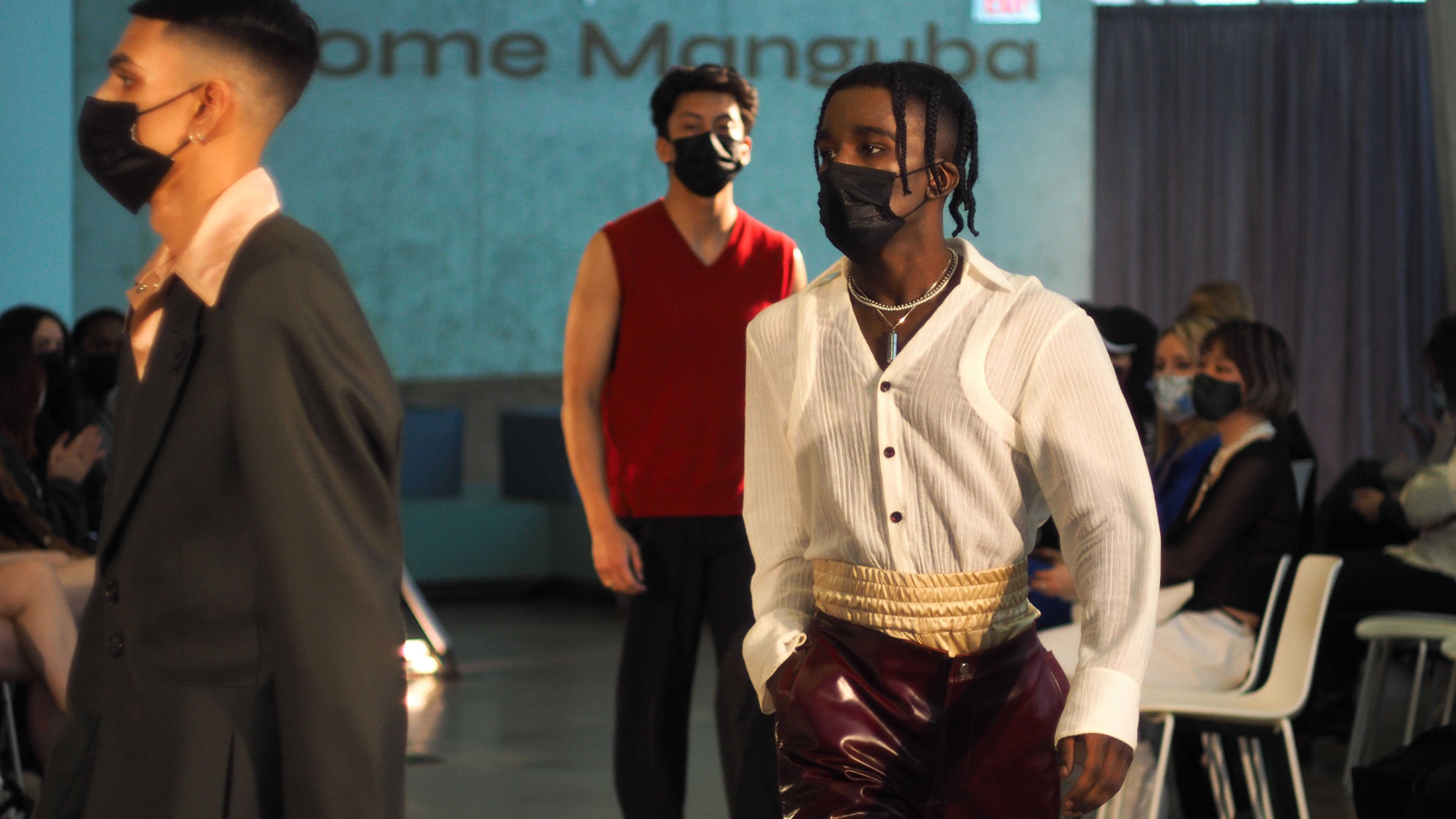 A model on the runway wearing a piece from Jerome Manguba's collection