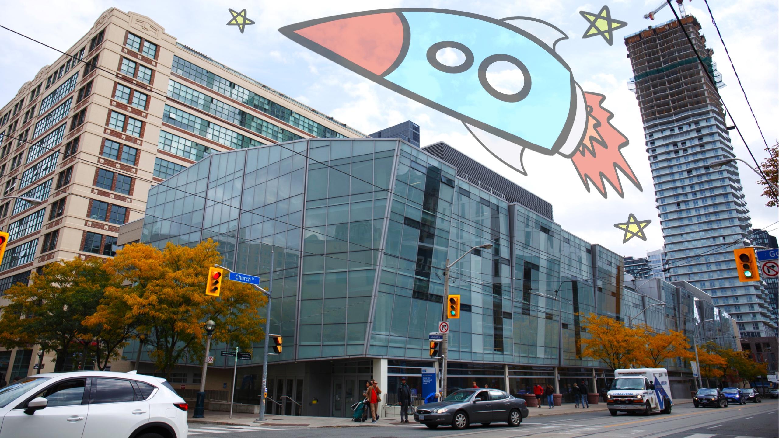 A photo of the engineering building on TMU campus with an illustration of a rocket over the building