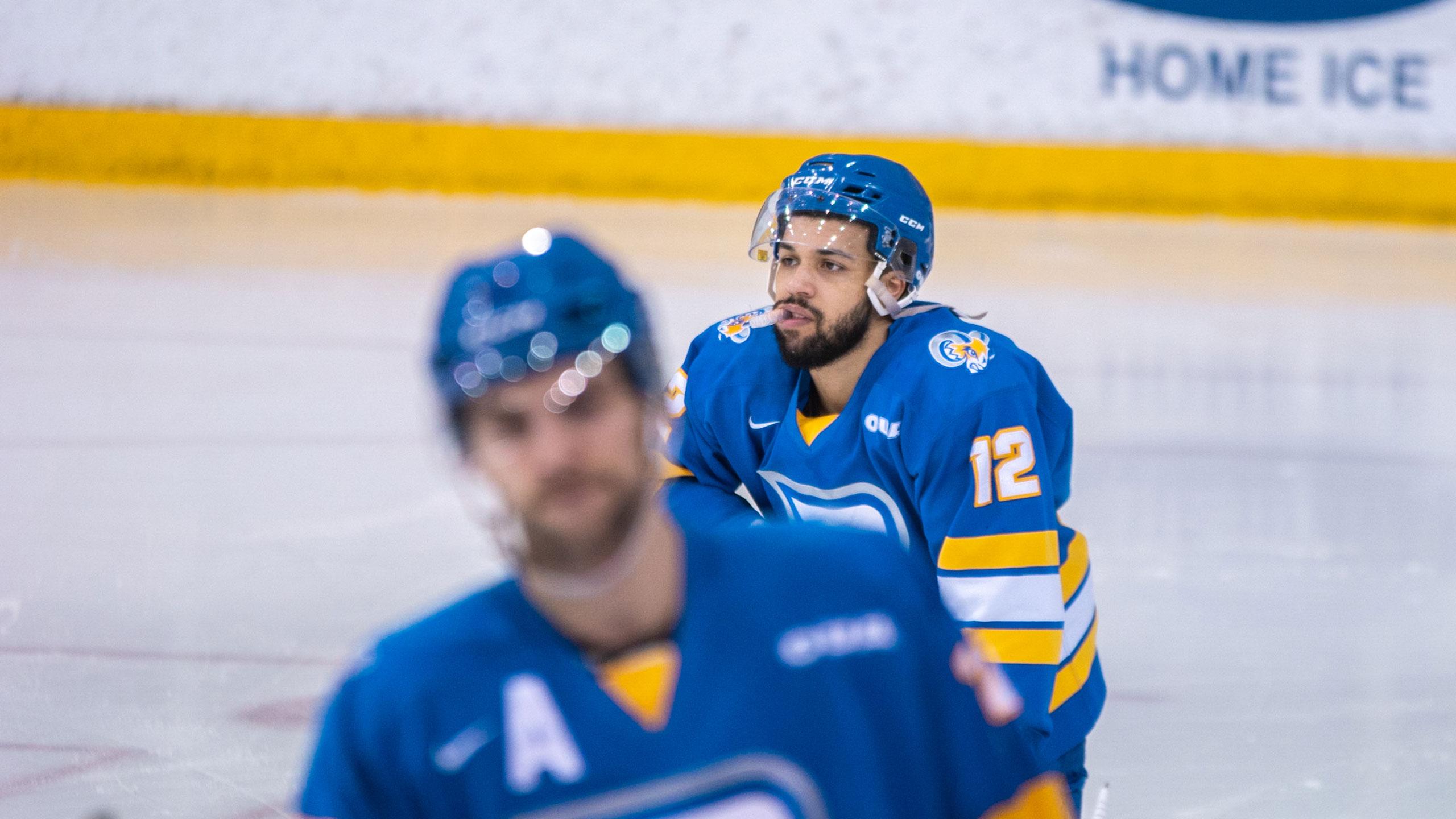 A TMU men's hockey player chews on his mouthguard with one knee on the ice