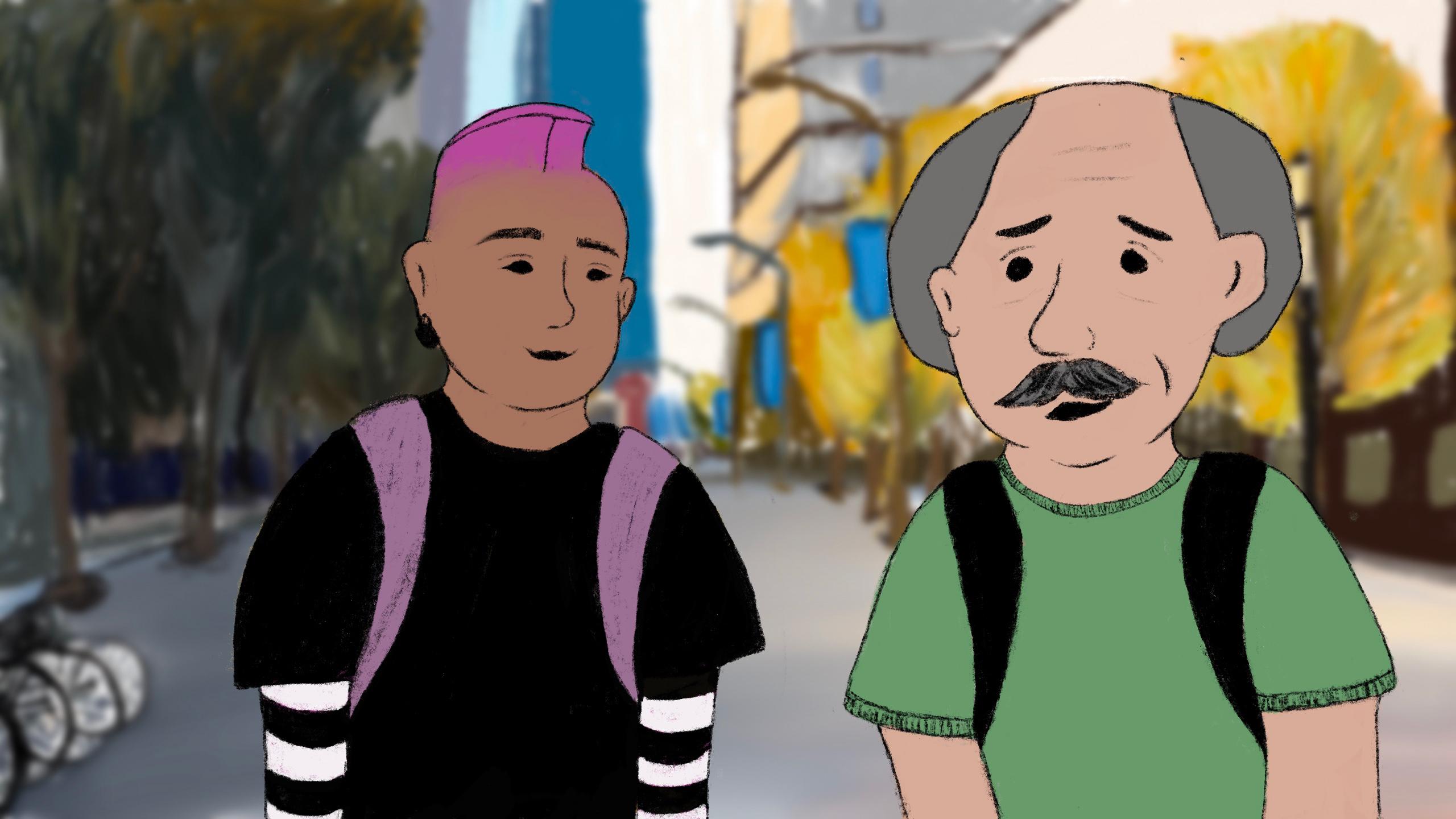 Two illustrated people on campus wearing backpacks. One looks around 20 while the other looks much much older.