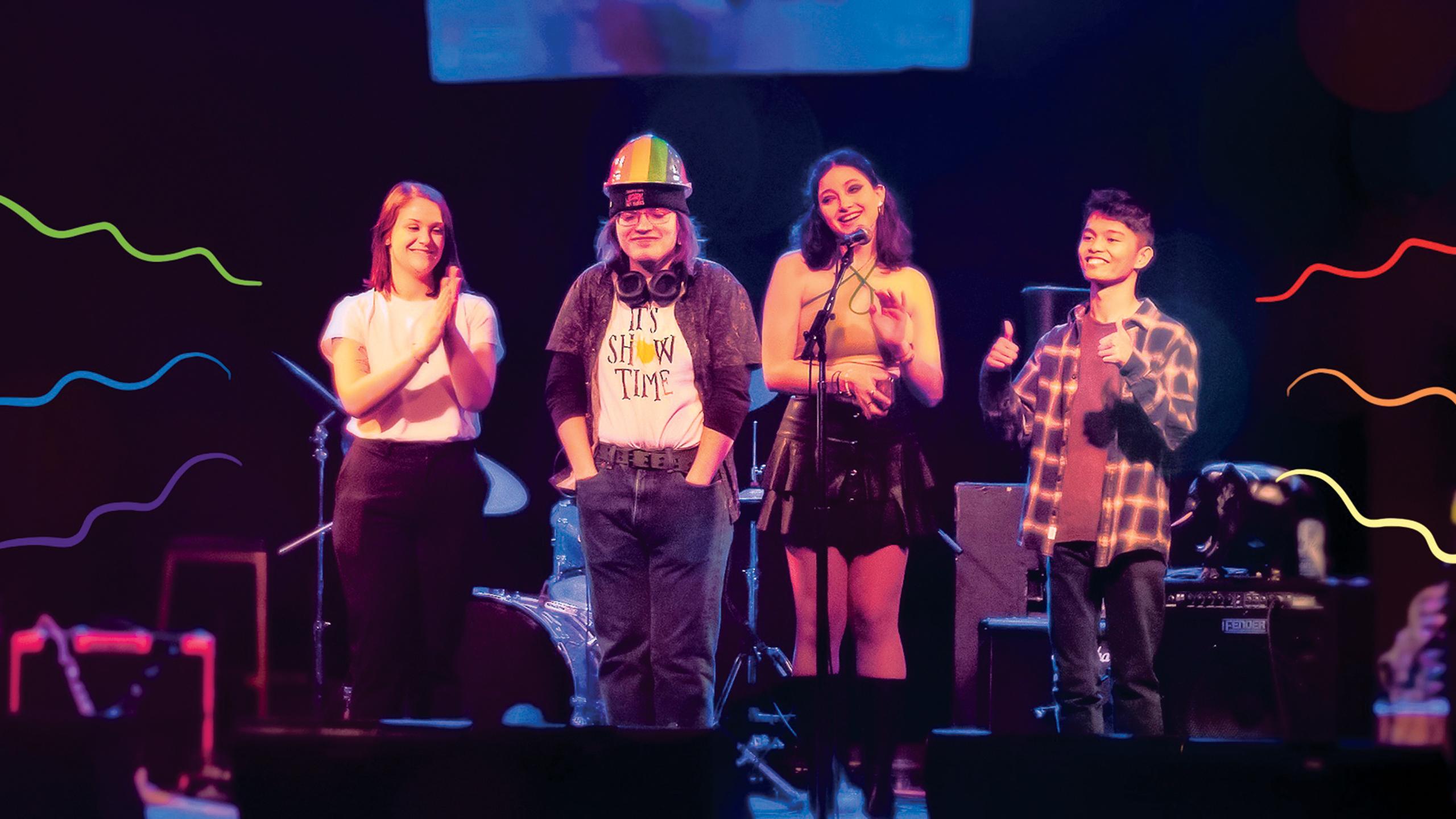 Four people standing on a stage. Colourful waves are illustrated on top