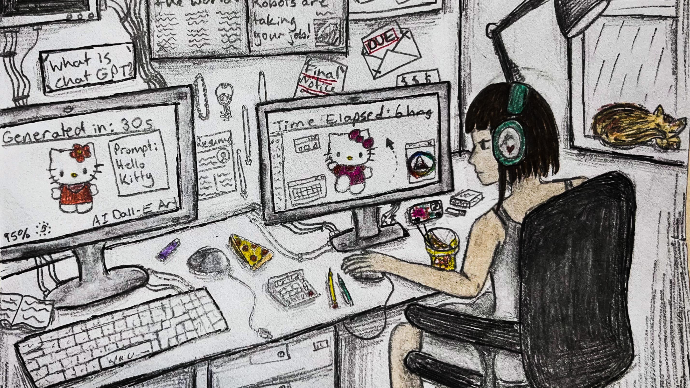 sketch drawing of a girl at her desk in a messy art room