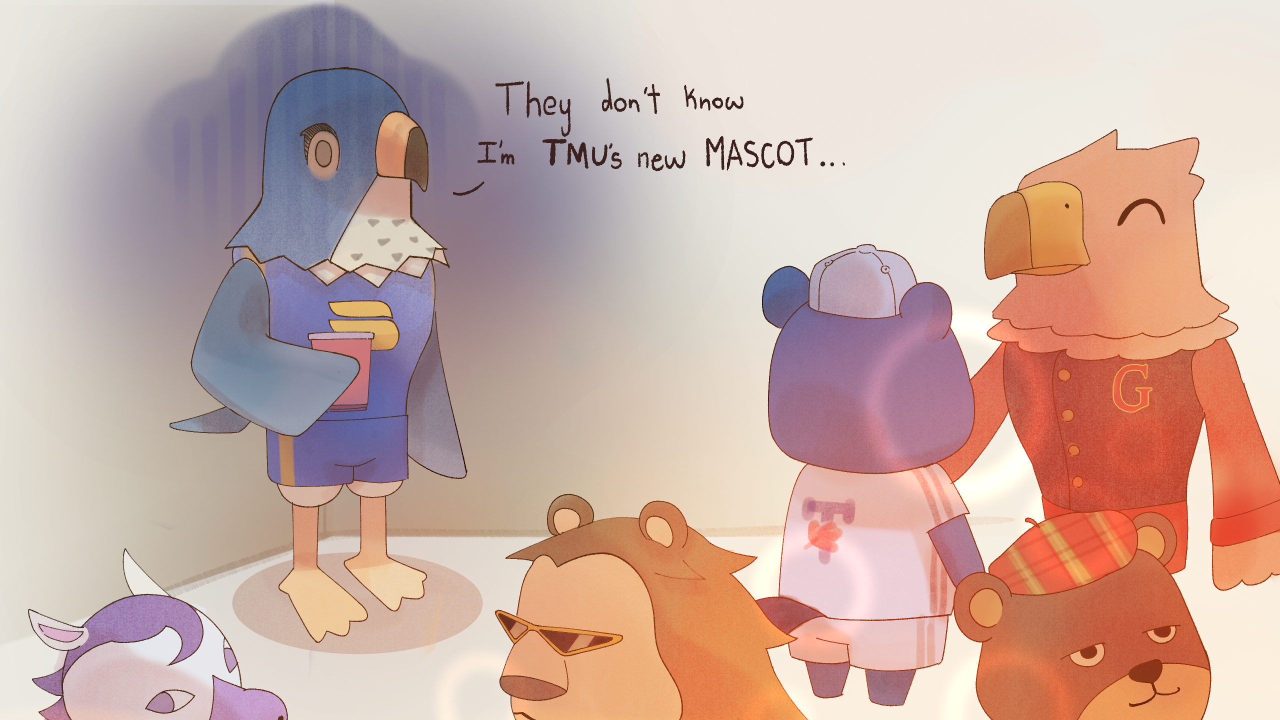 Illustrated animals mingling at a party while a falcon stands alone. A thought bubble reads "They don't know I'm TMU's new mascot"
