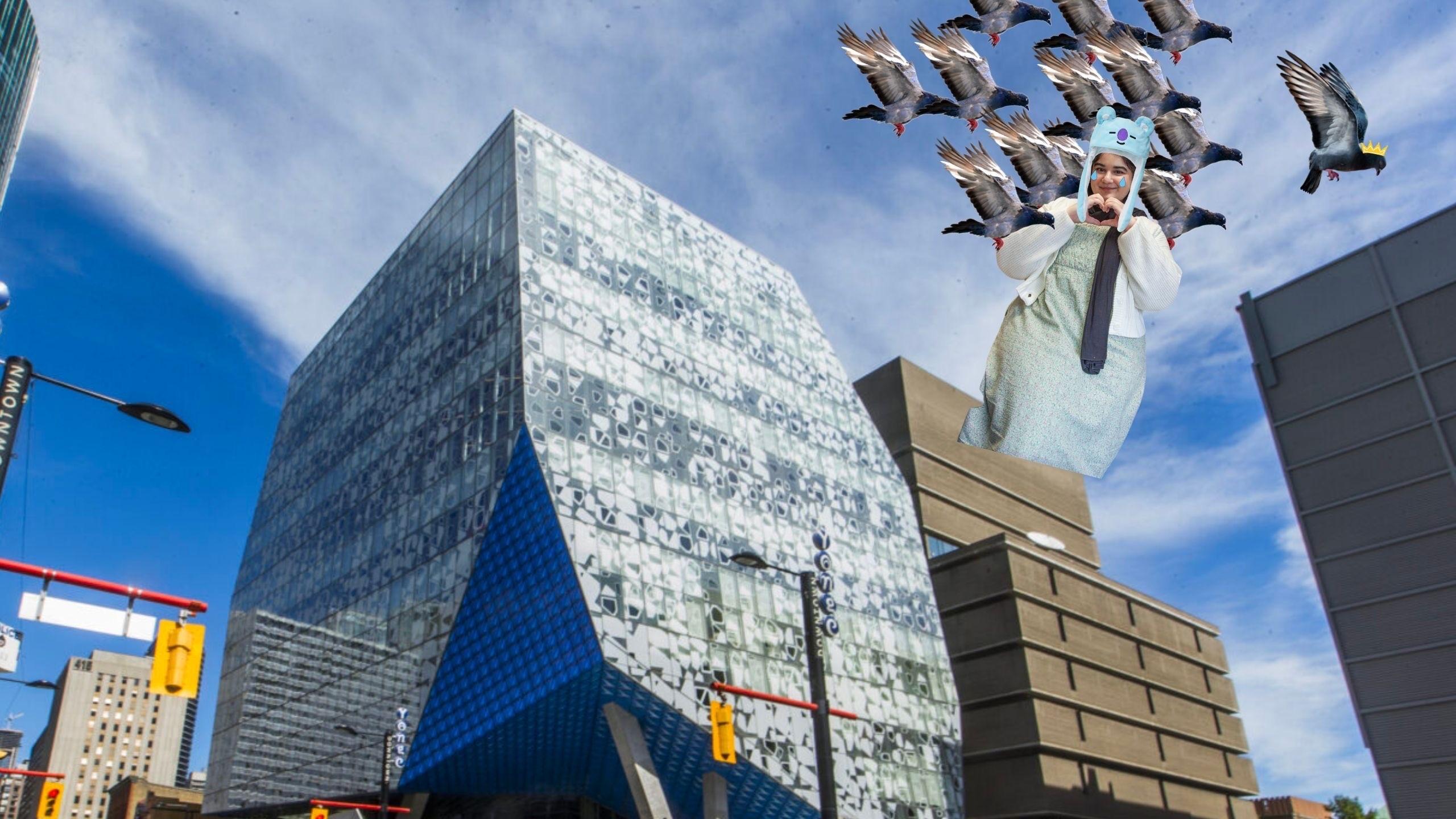 Abeer Khan making a heart with hands, koala hat on head, pigeons holding her by their beaks in front of the SLC.