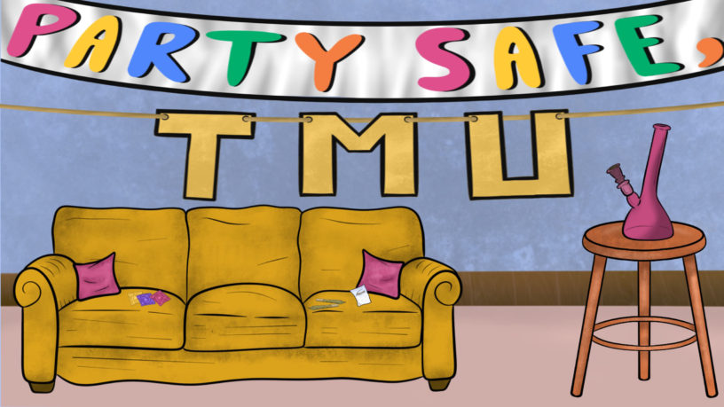 A Colorful Party banner that says party safe, with the letters of TMU below it. A yellow couch with condoms, blunts, and bag of cocaine on the couch. A bong sitting on the stool to the left.