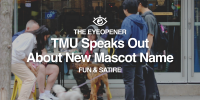 A group of people around various dogs on leashes. Text reads: TMU speaks out about new mascot name. Fun and satire