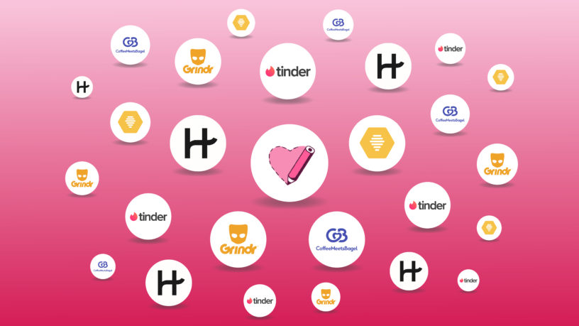Collection of dating app logos on a pink gradient background