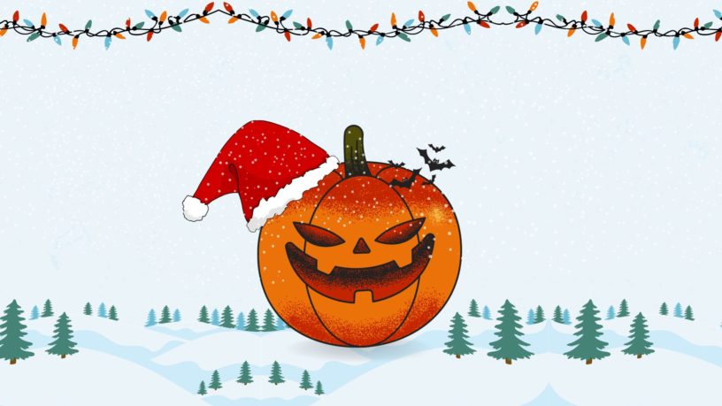Cartoon of a jack-o-lantern wearing a santa hat and sitting in a snow covered environment