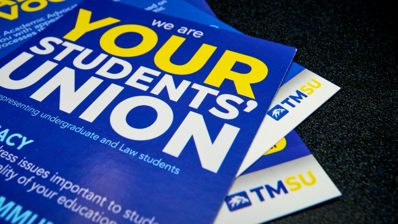 Students' union flyers in blue, yellow and white