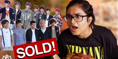 to the right a girl with a shocked face looking at badly cropped group images of the boy bands One Direction and BTS