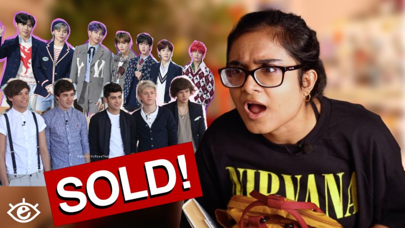 to the right a girl with a shocked face looking at badly cropped group images of the boy bands One Direction and BTS