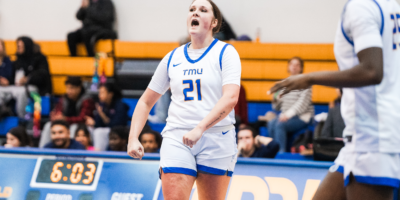 TMU Bold women's basketball player Corrynn Parker shouts