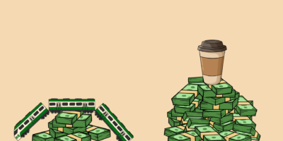 Two piles of money. One with a train on top, the other with a cup of coffee on top.