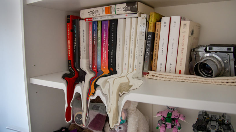 A bookshelf with books and a camera. The bottoms of the books are melting off the shelf.
