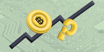 Bitcoin, question mark and graph trending upwards in front of a motherboard