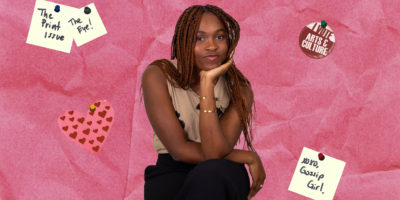 A pink background with various sticky notes around an image of Danielle Reid, sitting with her chin in her hand.