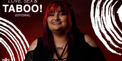 the text "love sex and taboo" in the top left corner. in the center the features editor Kinza Zafar smiling with sketches of lines in the background