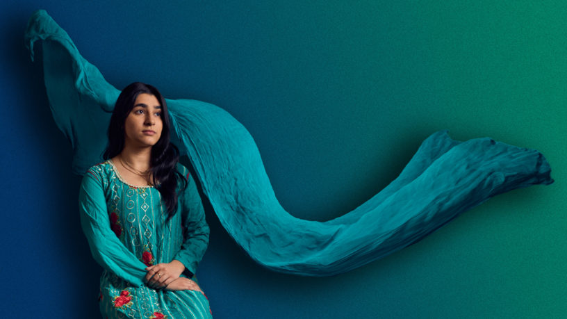 Composited portrait of Zoha in traditional formal clothing