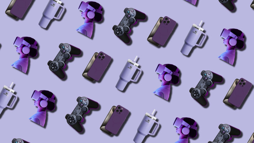 Stanley tumnler, iPhone and virtual reality headset collage on purple background