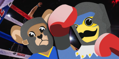 Cartoon of a falcon in a boxing match with a ram laid over a boxing ring scene