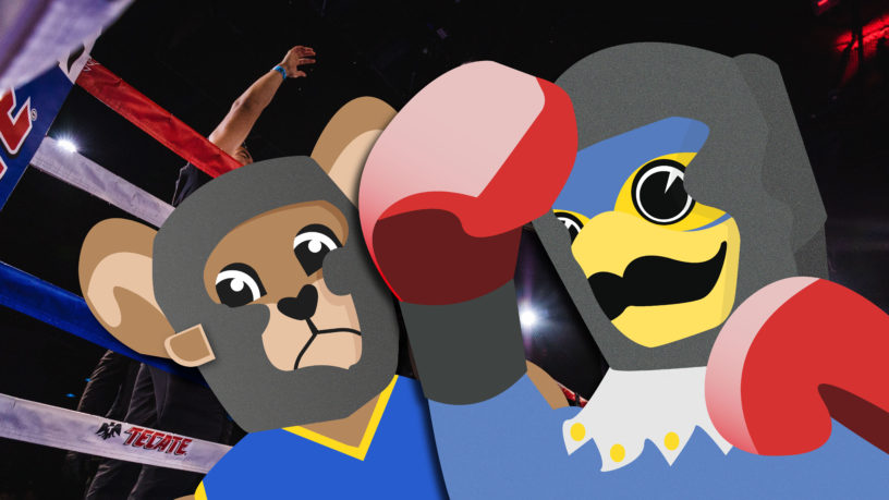 Cartoon of a falcon in a boxing match with a ram laid over a boxing ring scene