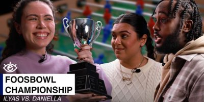 collage of two women, a man and a trophy over a backdrop of a foosball table