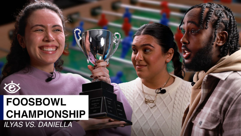 collage of two women, a man and a trophy over a backdrop of a foosball table