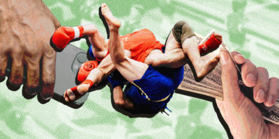 collage of wrestlers, money and phone