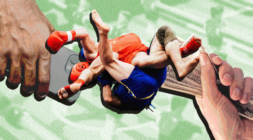 collage of wrestlers, money and phone