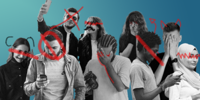 a collage of people shown in black and white with red scribbles over them over a blue background