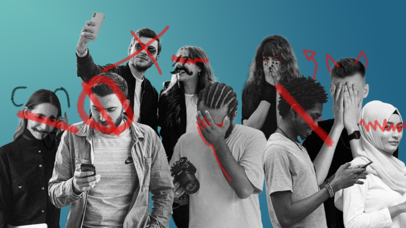 a collage of people shown in black and white with red scribbles over them over a blue background