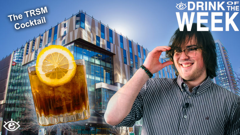 to the left, an image of a brown drink with a lemon slice in it, to the right a white man with brown hair holding his glasses and smiling