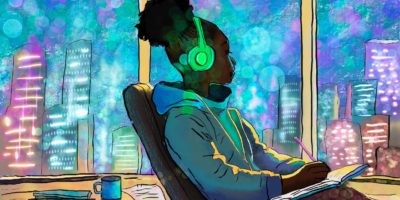 An illustration of a city landscape out of the window of a room, with a girl wearing headphones listening to music and writing in a notebook.