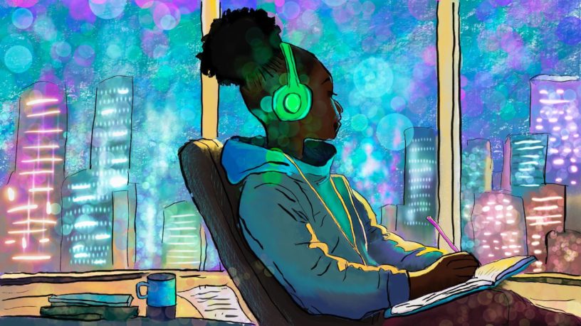 An illustration of a city landscape out of the window of a room, with a girl wearing headphones listening to music and writing in a notebook.